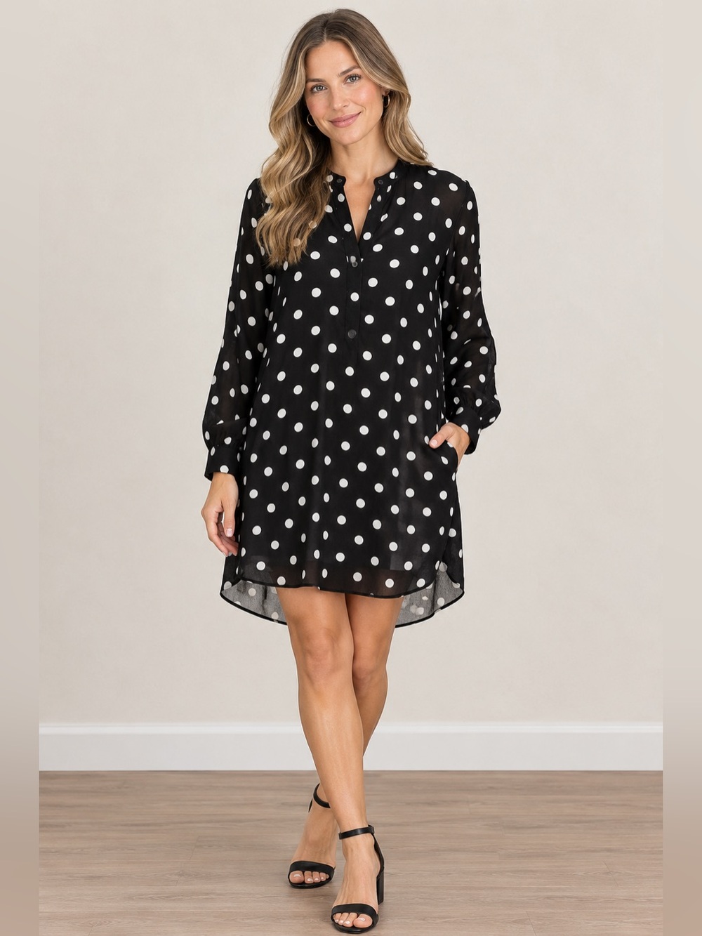 H&M Oversized Black Long Sleeve Polka Dot Tunic Dress